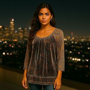 Unity World Wear Boho Paisley Tunic L Velour Body Knit Sleeve Festival Gypsy